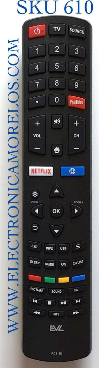 CONTROL REMOTO PARA TV EVL SMART TV / NUMERO DE PARTE 06-531W52-TY09XS / RC311S / FH191030002256R2